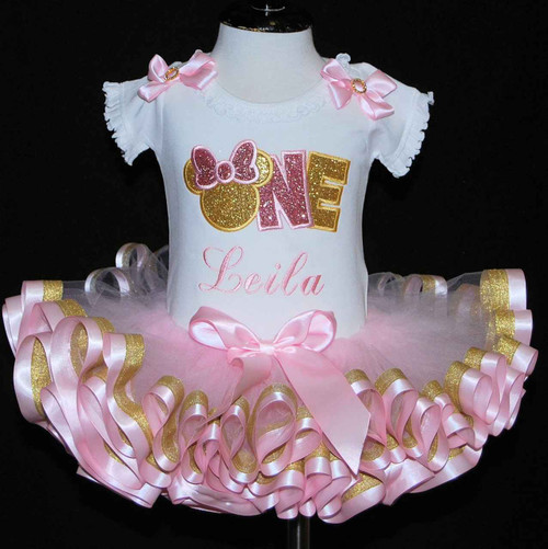 Minnie Mouse One birthday outfit-with   ribbon trimmed tutu-pink and gold