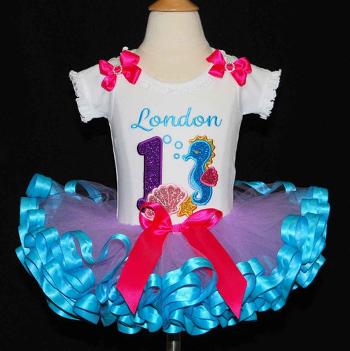 under the sea birthday outfit, first birthday tutu outfit, personalized birthday shirt with glitter sea horse nautical theme birthday