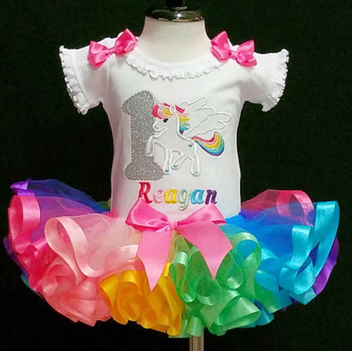 Rainbow Unicorn 1st birthday outfit with a ribbon trimmed tutu