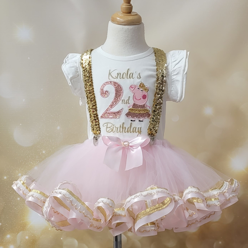 2nd birthday outfit girl in pink and gold glitter with gold sequin suspenders