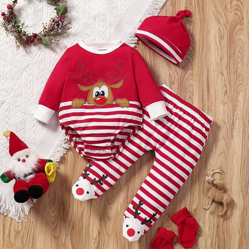 New Baby Christmas Clothes Baby Clothes Set 3 Pcs Sets Cartoon Deer Striped Romper Tops+trousers+hat Cotton Baby Clothing 0-18M