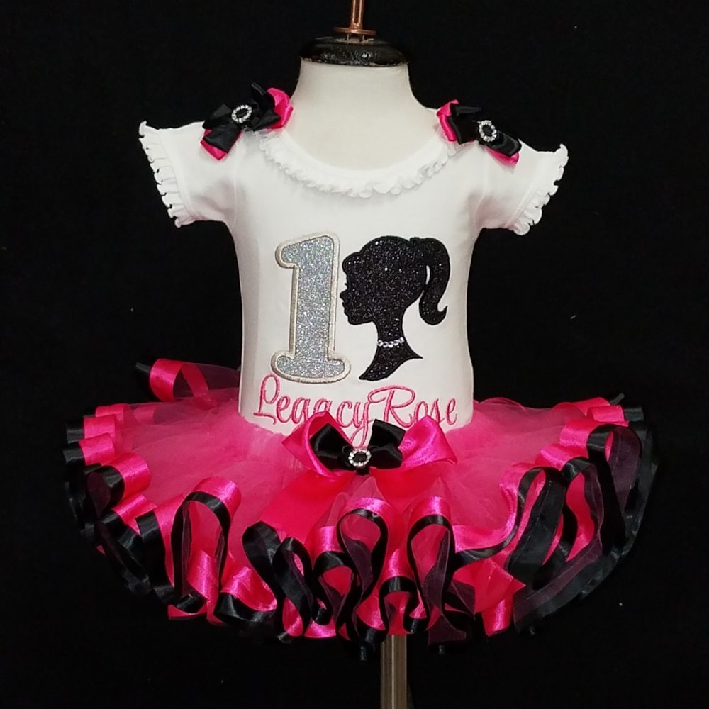 Barbie Birthday Outfit, top with satin ribbon trim tutu