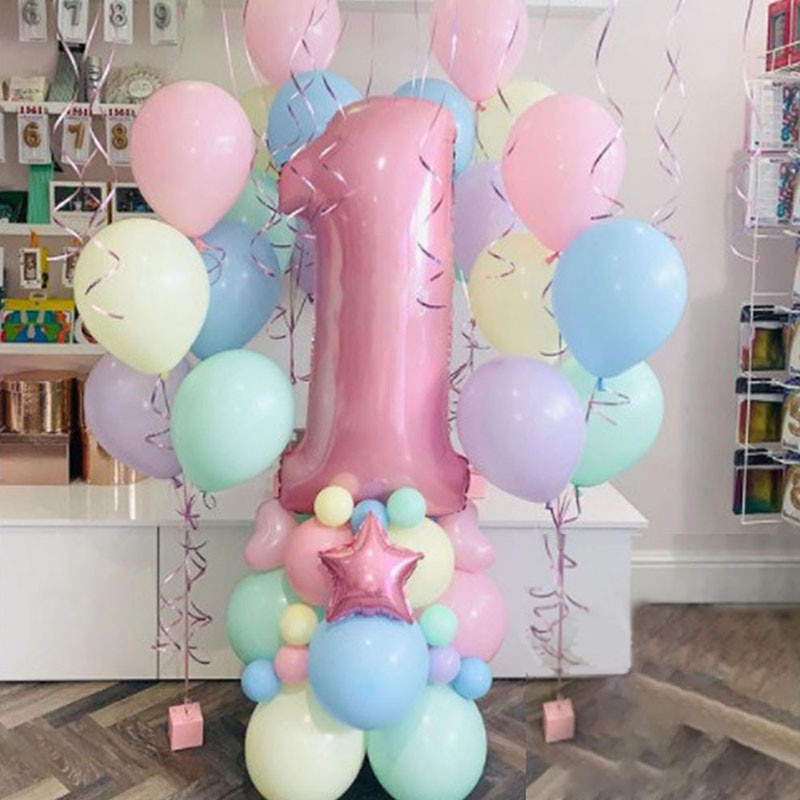 63pcs Pastel Rainbow Latex Balloon Pack Pink 40inch Number Foil Balloon  1st 2nd 3rd Birthday Decor Kids Unicorn Party