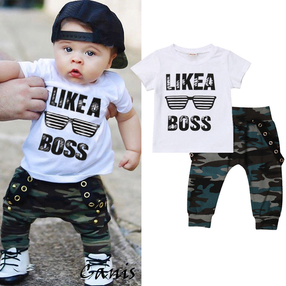 Baby Boy Clothes Set-Short Sleeve White T-shirt+Camouflage Long Pants 2pcs Outfit