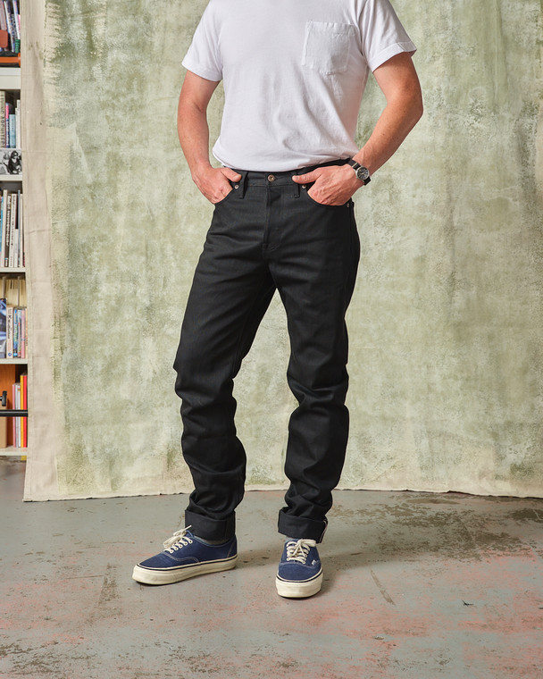 Elgin Mid Rise Slim Tapered Japanese Black Selvedge Jeans 13.5 oz.