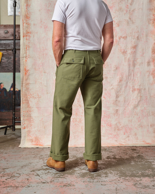 Fatigue Pant - Olive Sateen Straight Wide Leg - Tellason