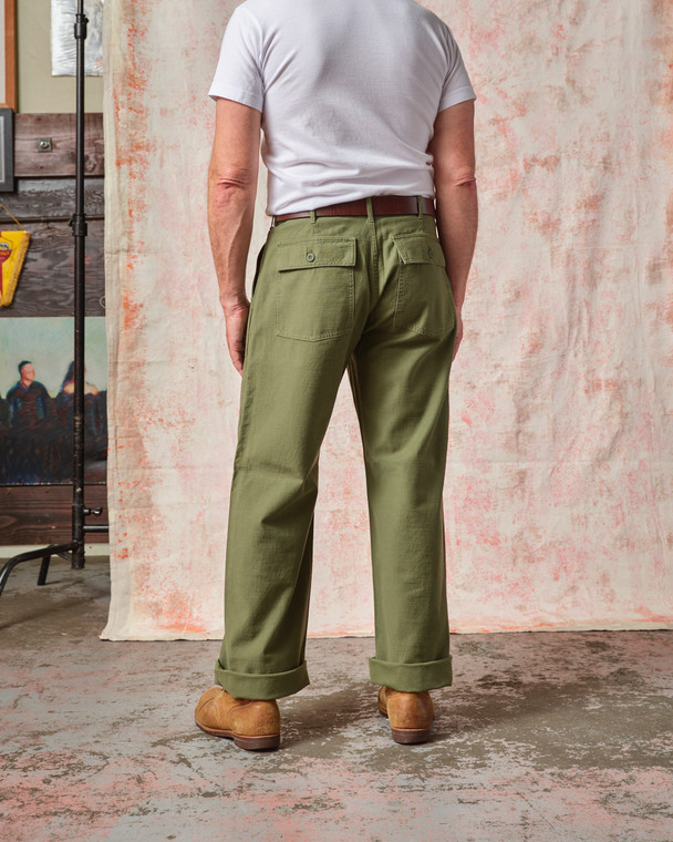 Fatigue Pant - Olive Sateen Straight Wide Leg - Tellason
