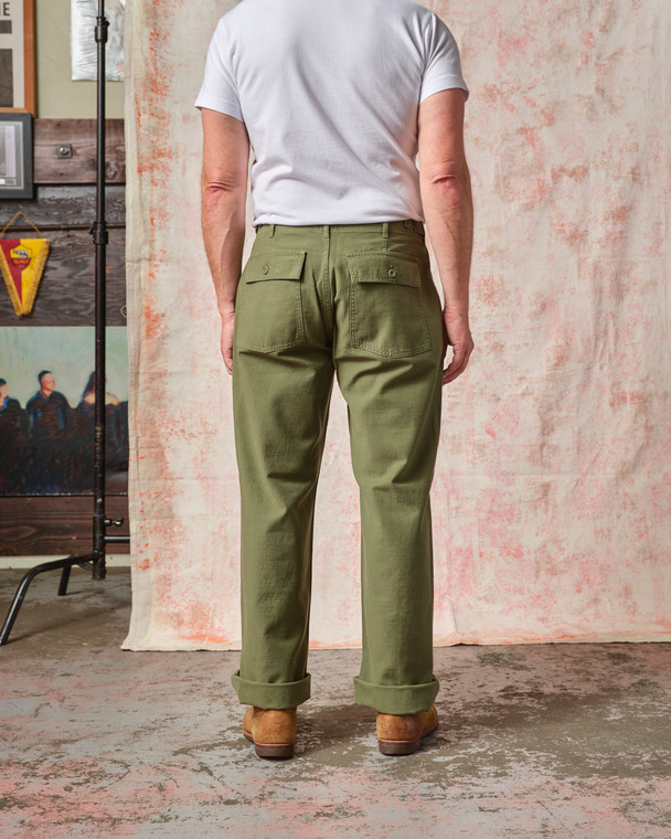Fatigue Pant - Olive Sateen Straight Wide Leg - Tellason