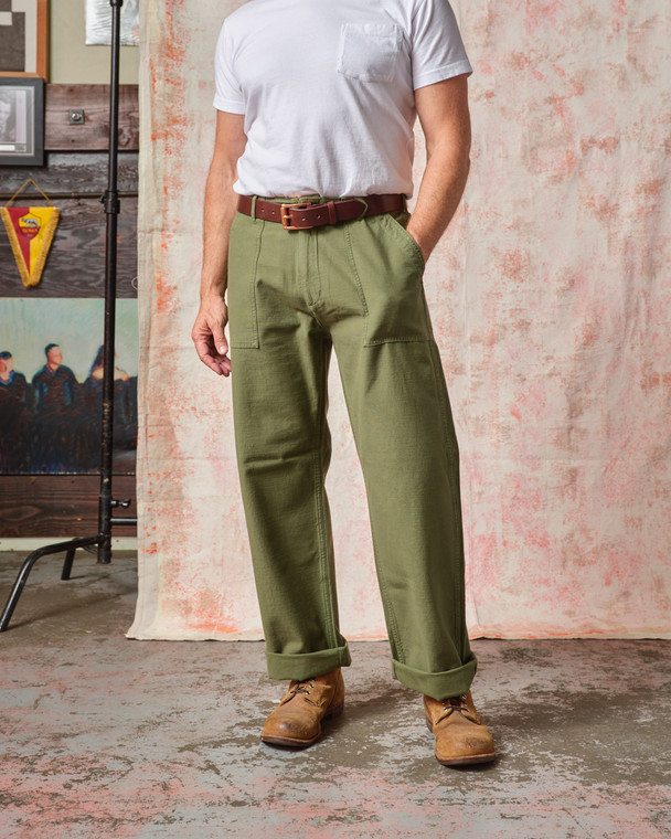 Fatigue Pant - Olive Sateen Straight Wide Leg - Tellason