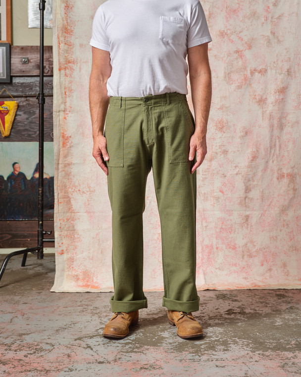 Fatigue Pant - Olive Sateen Straight Wide Leg - Tellason