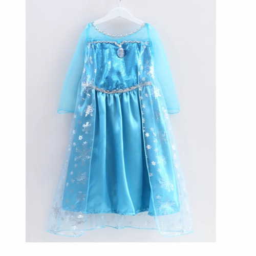 Shiny sky blue with cape attached lace material design with flowers, on top has a shiny sequence design, an image of Elsa can be pin either in front or in the side of the dress