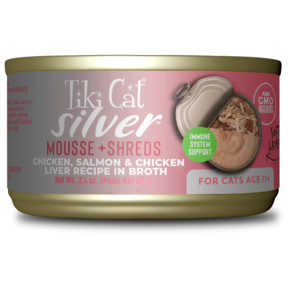 Tiki Cat Silver Mousse & Shreds Chicken, Salmon & Chicken Liver 2.4oz