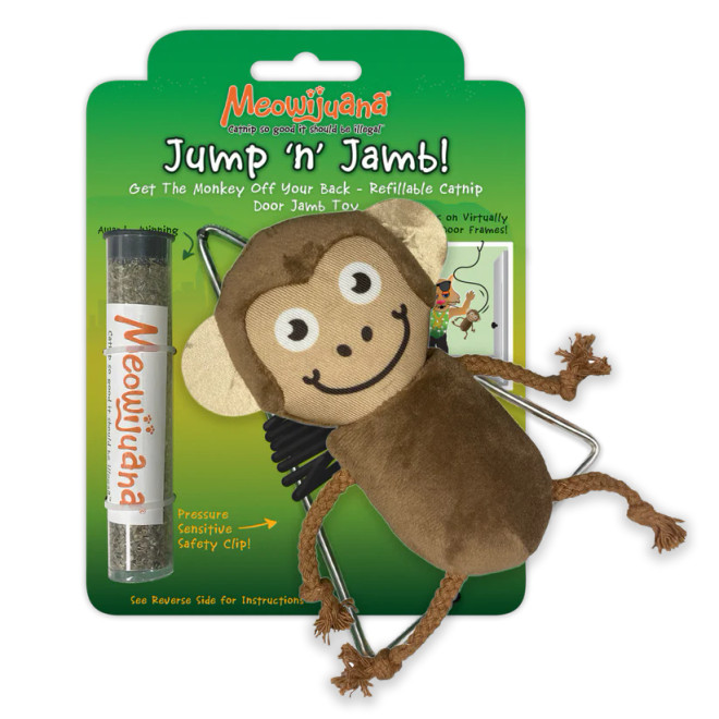 Meowijuana Jump 'n' Jamb - Get The Monkey Off Your Back - Refillable Catnip Swinging Toy