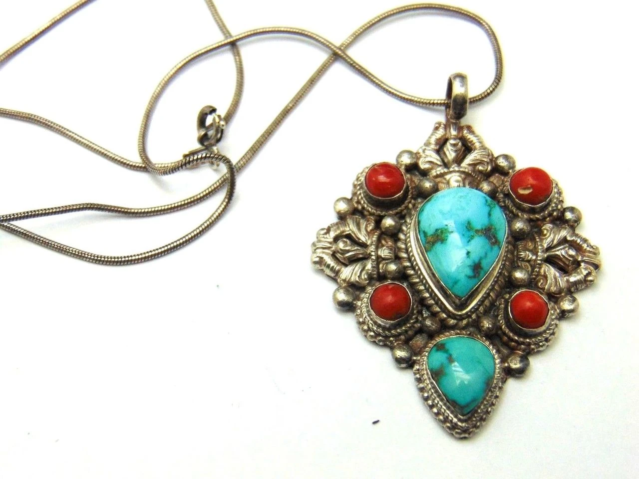 Vintage Mexico 925 Sterling Silver Turquoise Red Coral Pendant