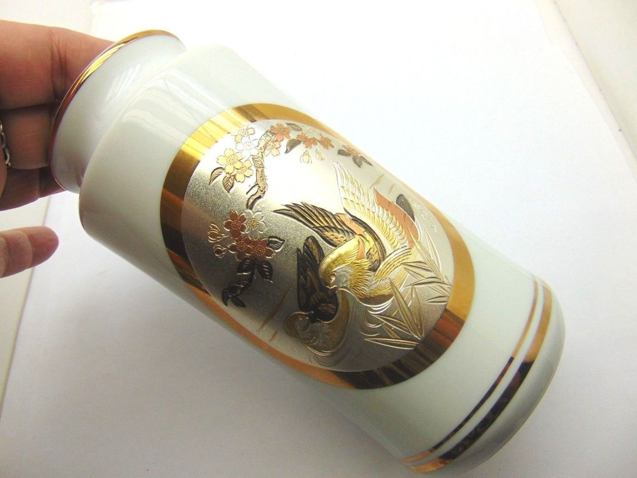 24K美術品 Vintage Japanese Art Of Chokin Vase 24 Kt Gold Edging Bird Flowers