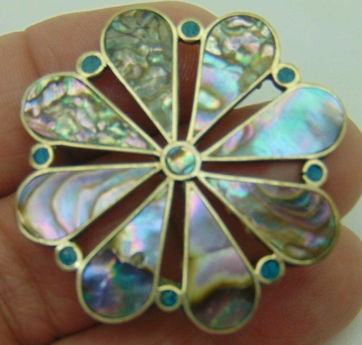 Abalone Shell Flower Brooch Pin Necklace Signed ALPACA MEXICO Silver