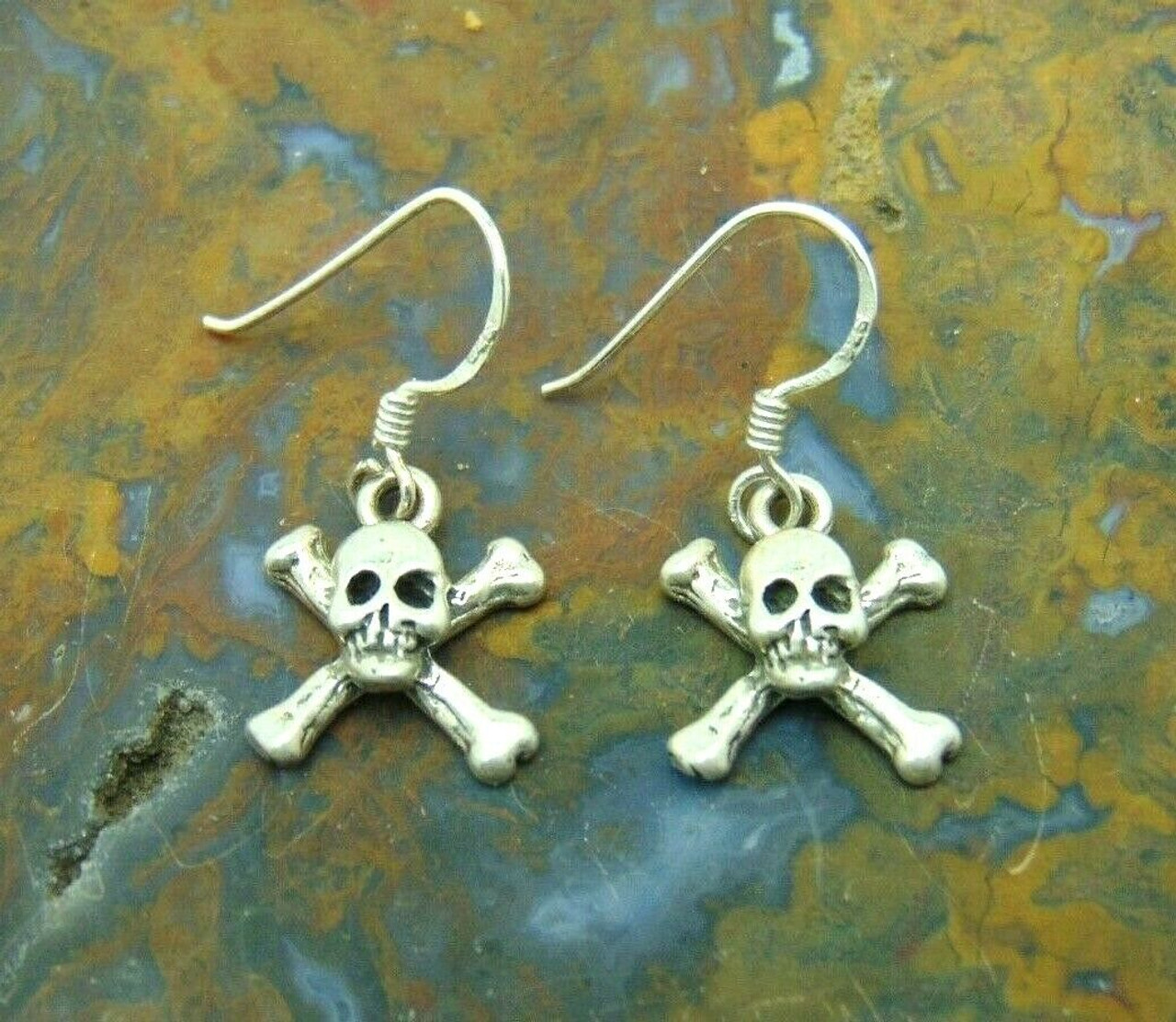 Vtg Skull Skeleton Sterling Silver Earrings Pirate Bone Halloween