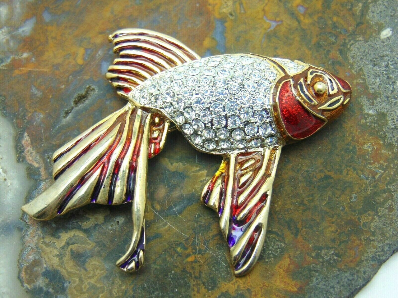 Fish Pin Koi Beta Goldfish Carp Brooch Fins Rhinestone Crystal