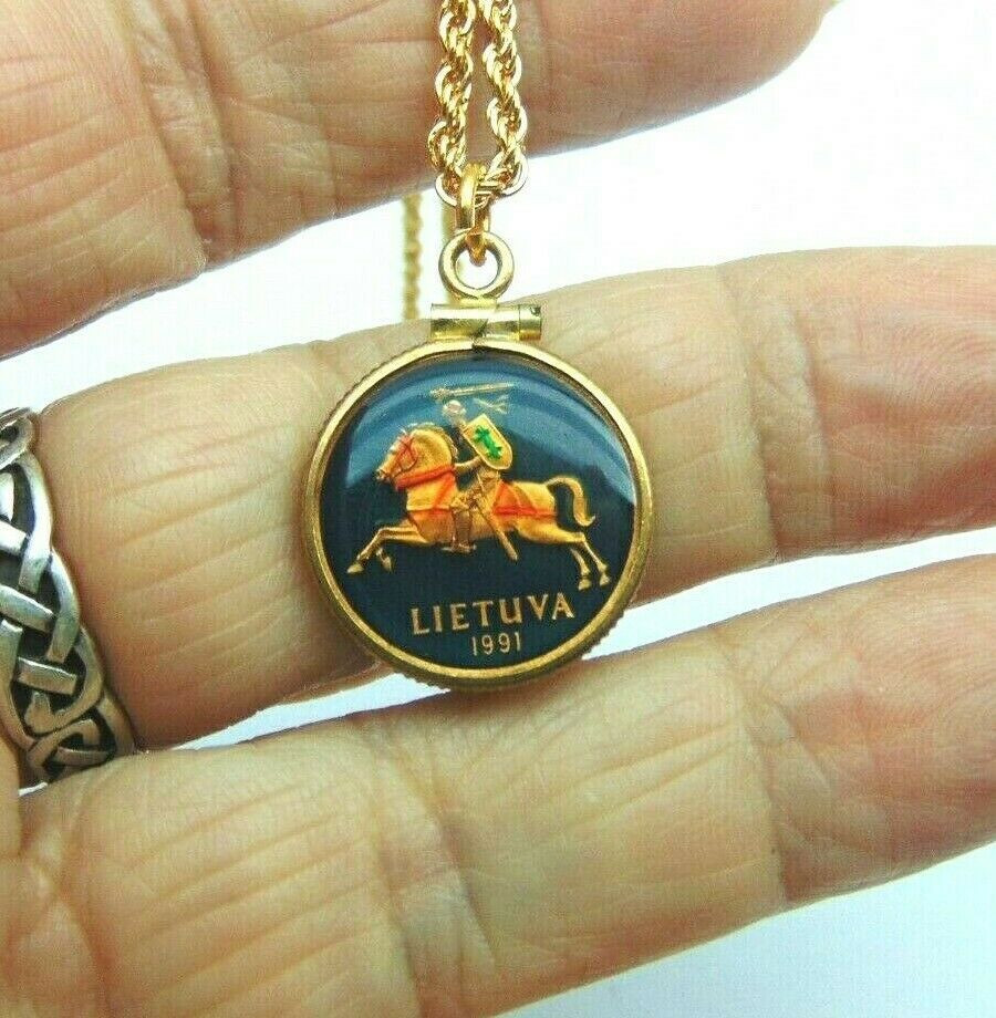 Coin Lithuania 20 Centu Necklace Hand Painted 1991 Chain