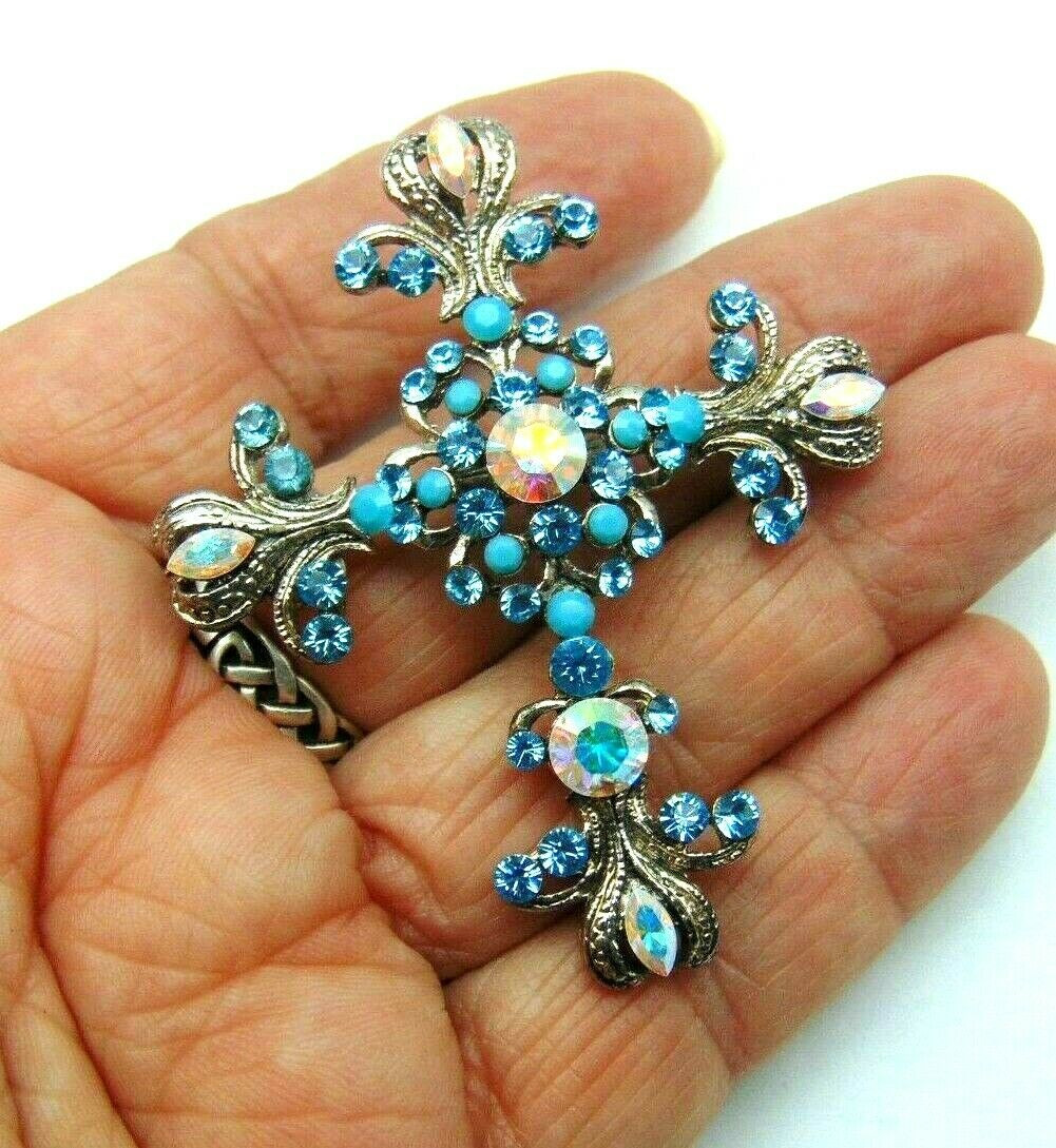 Kirks Folly Turquoise Crystal Cross Pin Rhinestone Brooch Necklace - Main Image