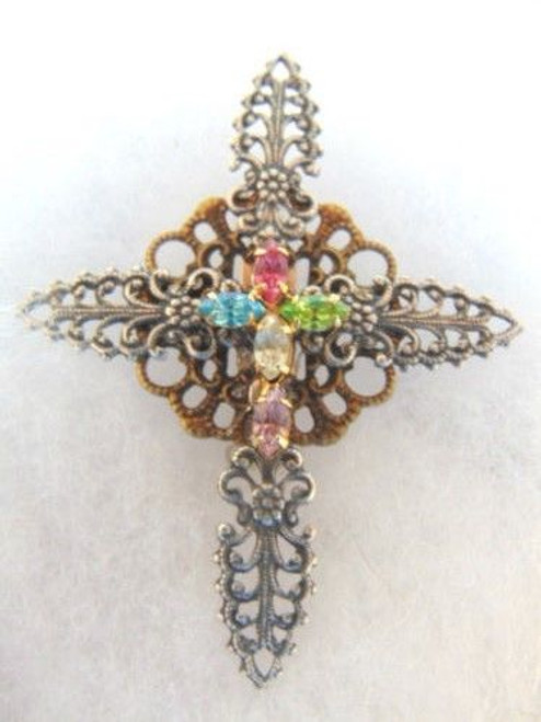 Silver Cross Crucifix Pin Brooch Fruit Salad Signed Crystal