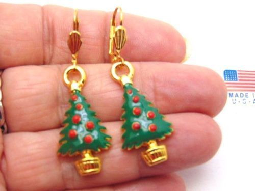 Christmas Tree Pierced Earrings Red Ornament Enamel Made USA