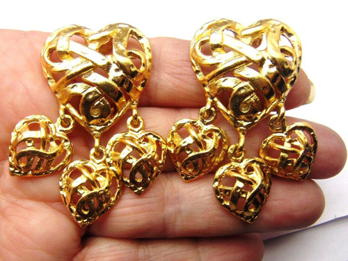 Designer Heart Earrings Clip Drop Chandelier Gold Head Over Heels Signed
