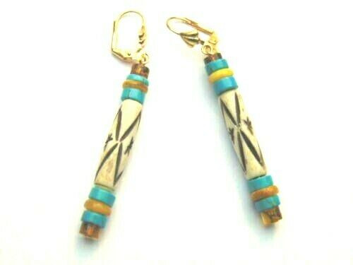 Butterscotch Amber Turquoise Bone Earrings Pierced Carved Southwest