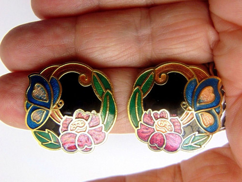 Cloisonne Butterfly Clip On Earrings Vintage 1970's Super Pretty