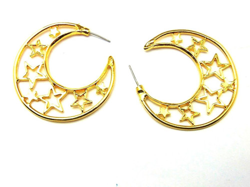 Star Earrings Pierced Hoops Crescent Moon Shaped Celestial