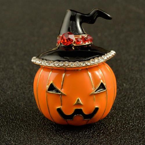 Pumpkin Witch Pin Halloween Black Hat Rhinestone Brooch