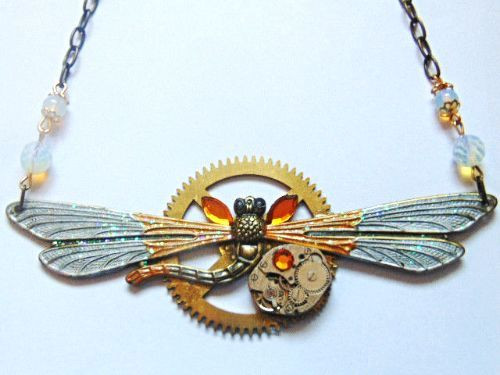 Dragonfly Choker Watch Steampunk Altered Swarovski Opaline Beads