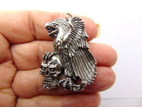 Eagle Dead Skull Sterling Silver Rocker Biker Necklace Pendant