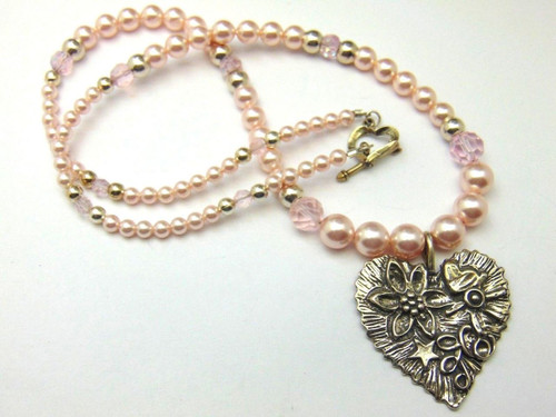 Sterling Silver Heart Pendant Flowers Necklace Made w Swarovski Rosalie Pearl