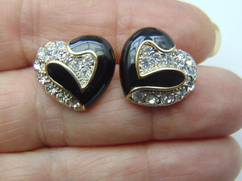 Heart Earrings Black Enamel  Rhinestone Crystal Stud Valentine DazzleCity