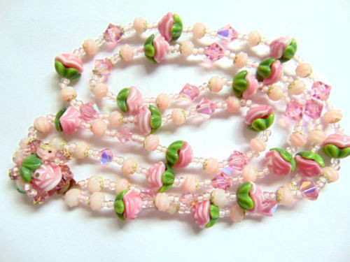 2 Strand Fruit Salad Necklace Glass Made with Swarovski Crystal Pink Green