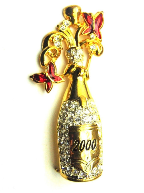 Champagne Bottle Pin Wedding Party New Year's Eve Rhinestone Crystal Brooch