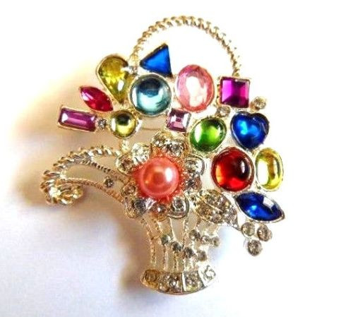 Flower Basket Brooch Pin Tutti Fruiti Candy Color