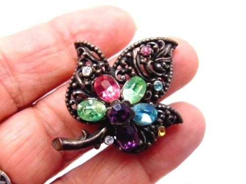 Leaf Pin Old Rhinestone Crystals Fruit Salad Tutti Fruiti