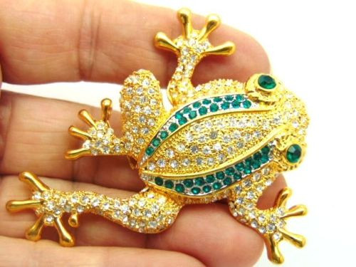 Frog Pin Big Green Stripes Rhinestone Crystal Brooch Toad