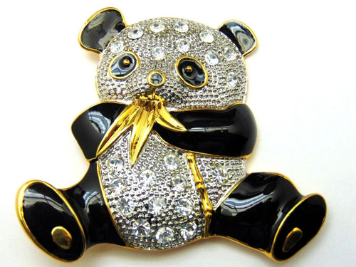 Panda Bear Pin Bamboo Asian Zoo Rhinestone Crystal Brooch