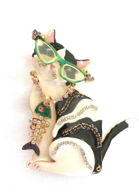 Lunch Ritz LATR Cat Fish Sunglass Pin Pendant Kitty Articulated Rhinestone