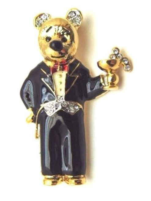 Teddy Bear Valet Pin Tuxedo Champagne New Year's Party Rhinestone Crystal