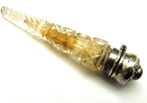 ANTIQUE Perfume BOTTLE Cut Crystal Sterling Silver SMELLING SALTS Vinaigrette