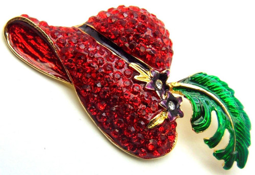 Red Hat Pin Feather Rhinestone Brooch Crystal High Society