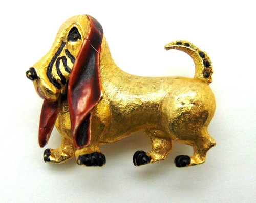 RARE Basset Hound Pin Brooch 1960'S SPHINX Dog Rhinestone