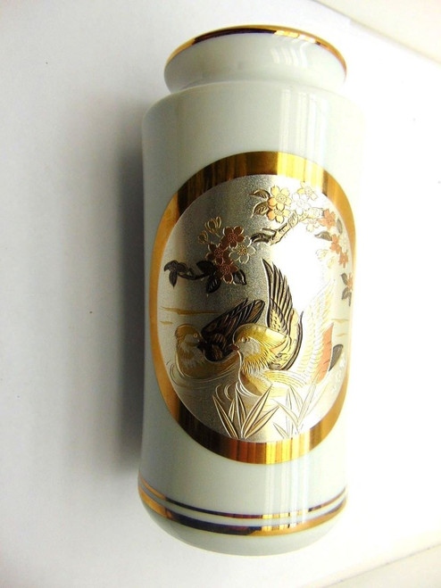 Vintage Japanese Art Of Chokin Vase 24 Kt Gold Edging Bird Flowers Porcelain