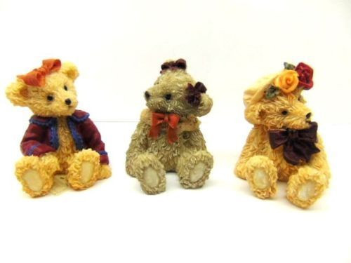 3 Vtg Teddy Bear Figurines Bows Roses Jacket Curly Hair Set DazzleCity