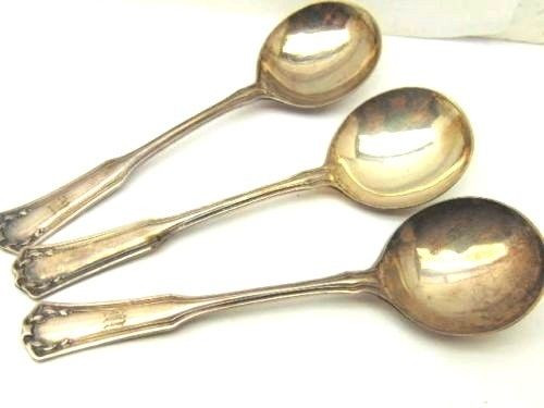 3 R Wallace Sectional Pat. Mar1-1910 Laurel Pattern Soup Spoons SilverPlate