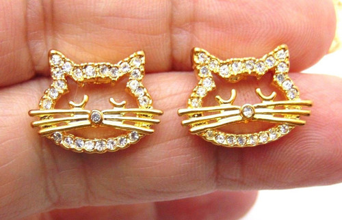 Kitty Cat Pierced Earrings Whiskers Rhinestone Crystal DazzleCity